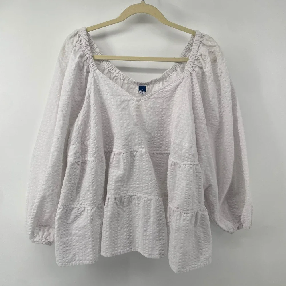 Old Navy Tiered Empire Top Women 2X White Seersucker Puff Sleeve V-Neck Blouse